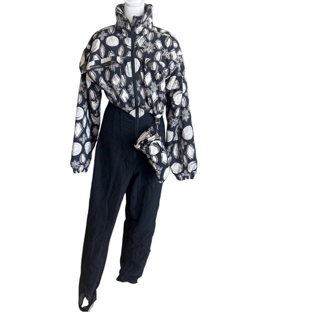 VINTAGE NILS 90s Black & White Abstract One-Piece Ski Suit Hat Gloves  Size 12